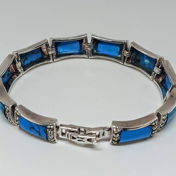 Stabilized Turquoise 11x7mm & Marcasite 925 Sterling Silver Bracelet 7" - Picture 11 of 11